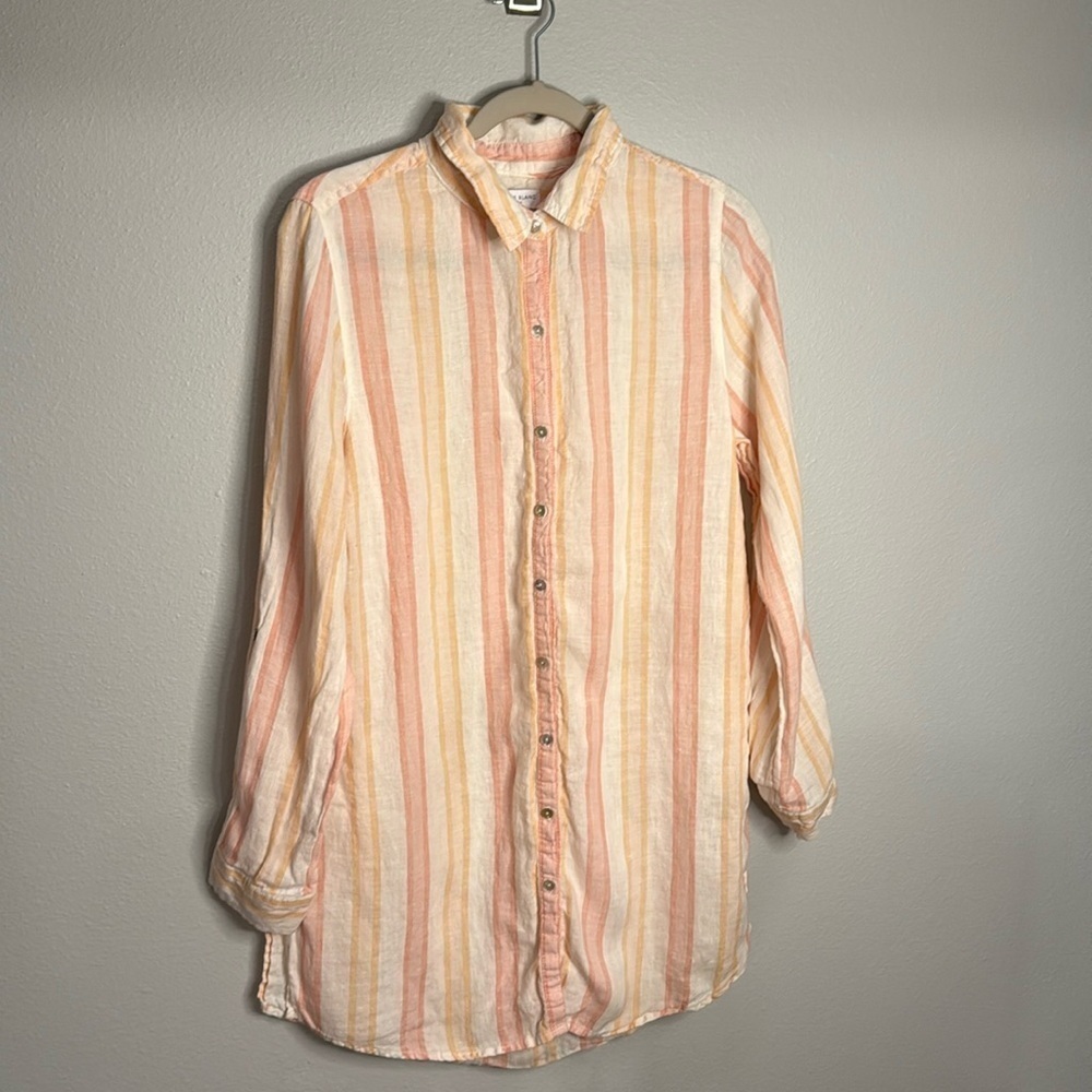 ANTIBES Blanc 100% linen striped button front collared tunic shirt dress, large